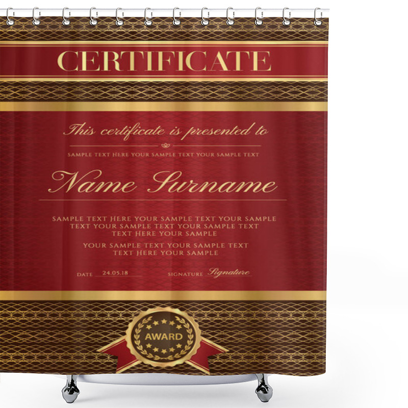 Personality  Certificate Vector Vertical Luxury Template. Secured Lux Gold Border Guilloche Pattern For Diploma, Deed,certificate Of Appreciation, Achievement, Completion Premium Design. Red Ribbon, Award Emblem Shower Curtains