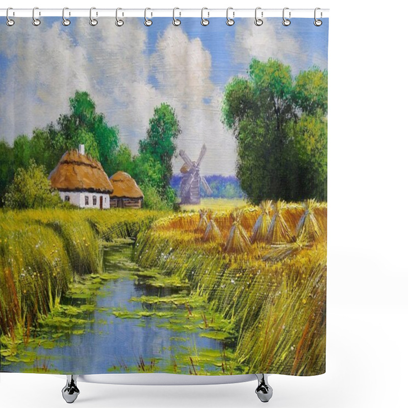 Personality  Old Village In Ukraine, Traditional Ukrainian Rural House, Windmill In The Countryside. Digital Oil Paintings Rural Landscape, Fine Art, Artwork, Landscape With River And Trees Shower Curtains