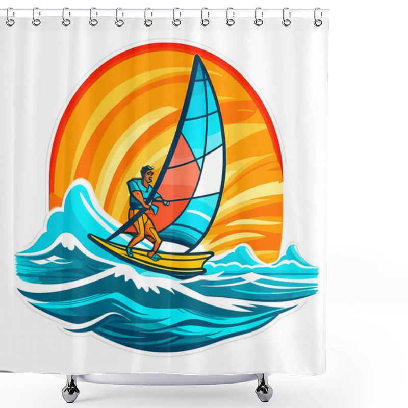 Personality  Drawing Of Windsurfing On A Rough Sea With The Sunset In The Background.. Extreme Water Sport Activity On Summertime Vacation. Cartoon Vector Illustration, Label, Sticker Shower Curtains