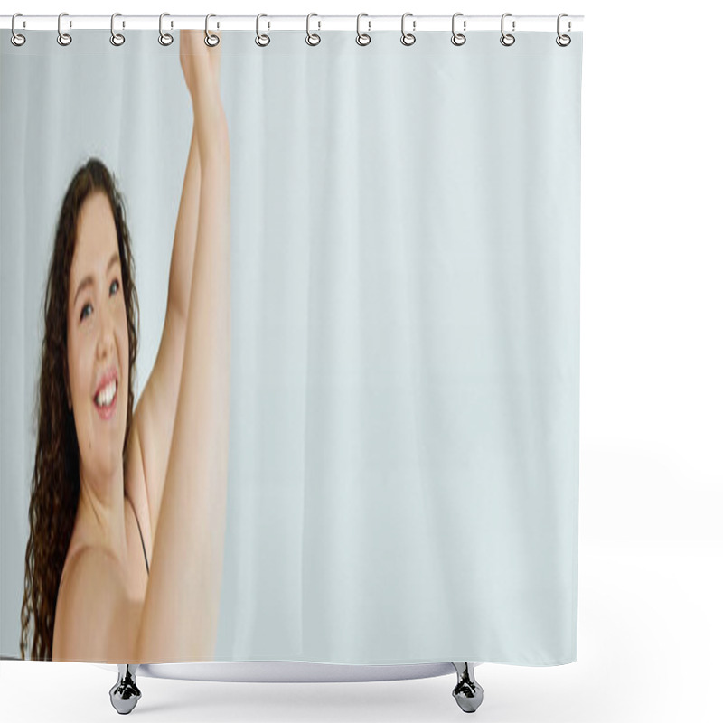 Personality  A Radiant Plus Size Woman Exudes Joy As She Raises Her Arms, Reveling In The Moment. Shower Curtains