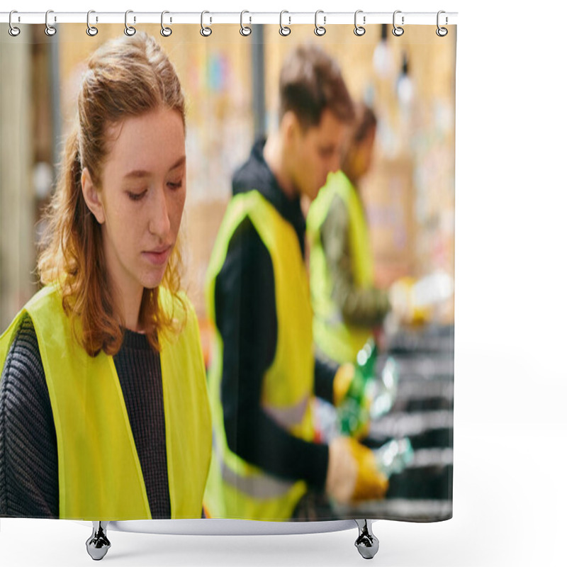 Personality  Young Volunteers In Yellow Vests Sorting Trash Together, Showing Eco-conscious Efforts. Shower Curtains