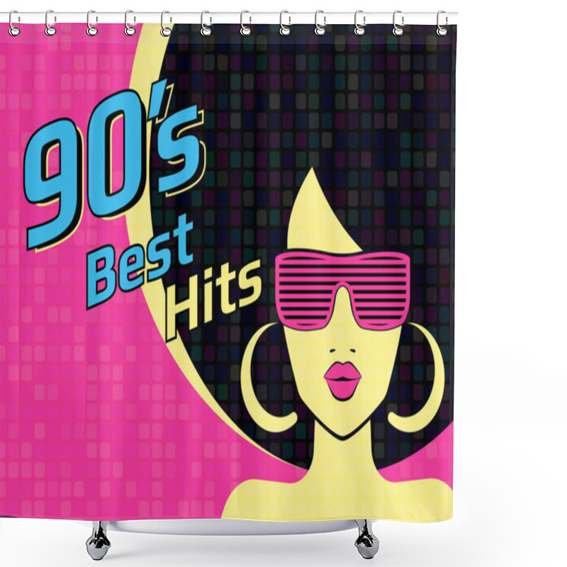 Personality  Best Hits Of 90s Illistration With Disco Woman Wearing Glasses And On Pink Background Shower Curtains