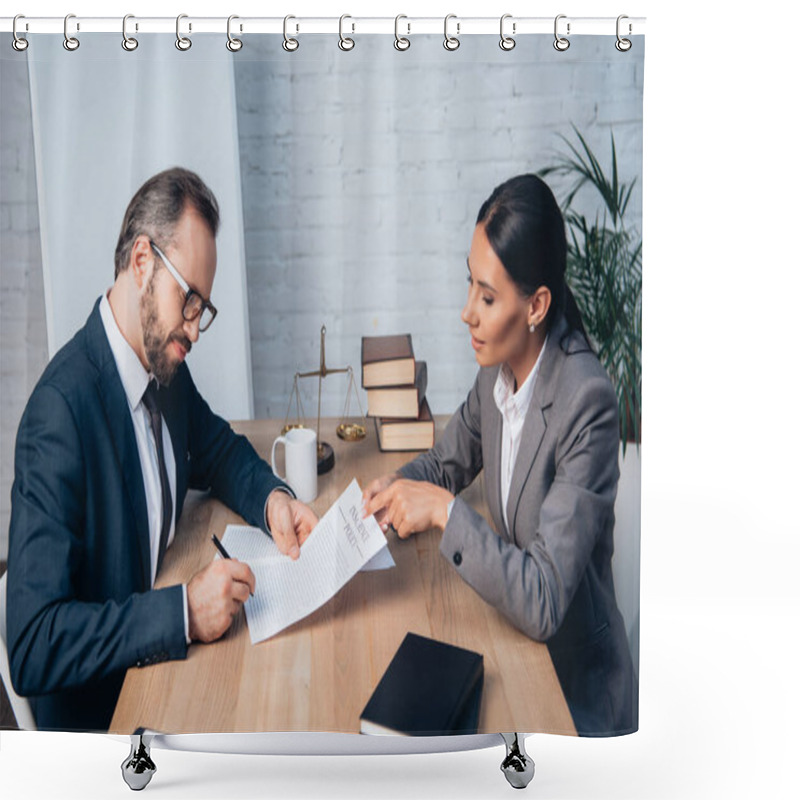 Personality  Businessman In Glasses Signing Insurance Policy Contract Near Lawyer In Office Shower Curtains