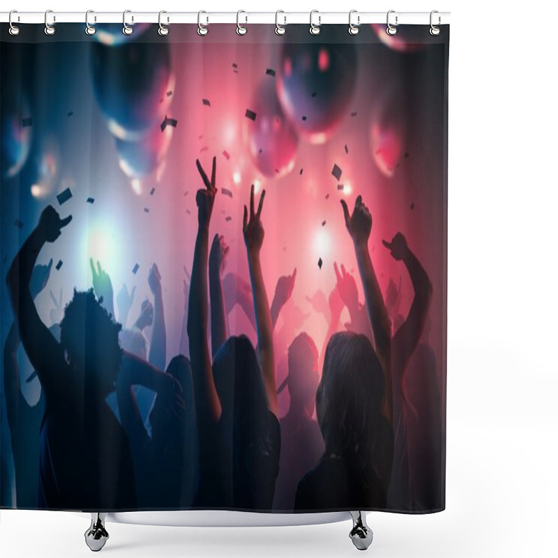 Personality  Young Happy People Are Dancing In Club. Nightlife And Disco Concept Shower Curtains