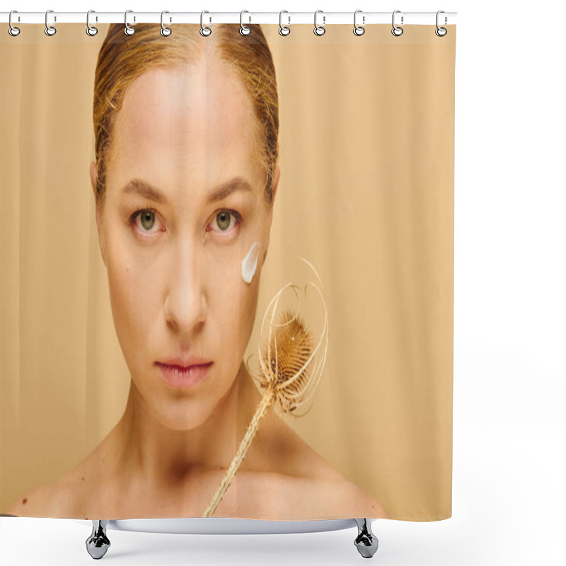 Personality  A Confident Plus Size Woman Applies Cream To Her Face While Emanating Beauty And Self Love. Shower Curtains