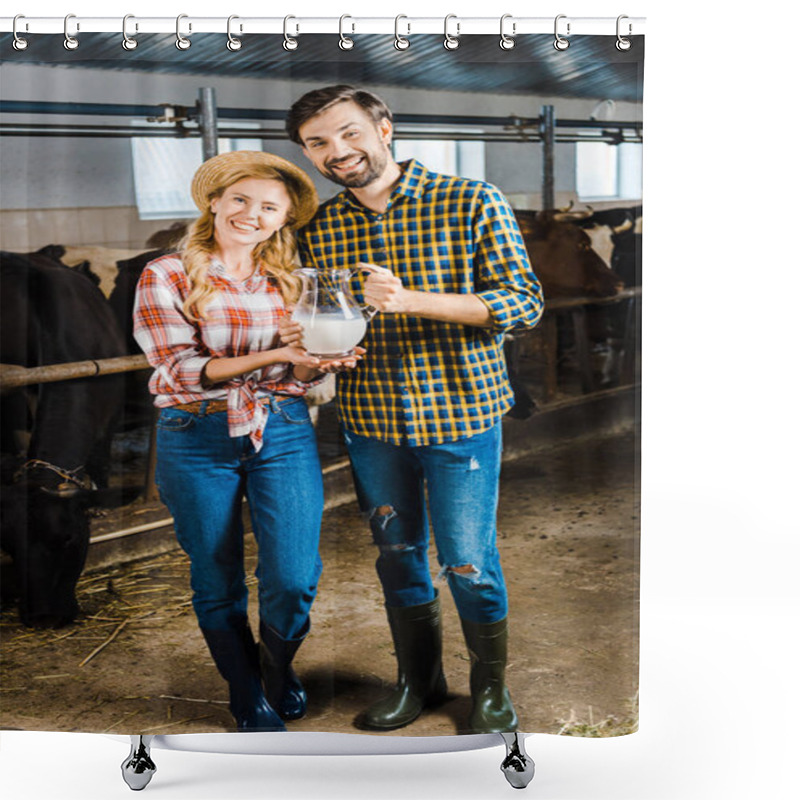 Personality  Smiling Couple Of Farmers Holding Jug Of Milk In Stable  Shower Curtains