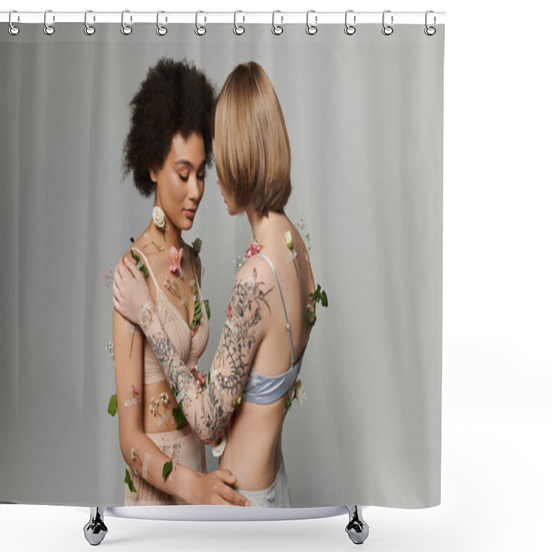 Personality  Two Women Share A Tender Moment Surrounded By Delicate Flowers And Soft Light. Shower Curtains