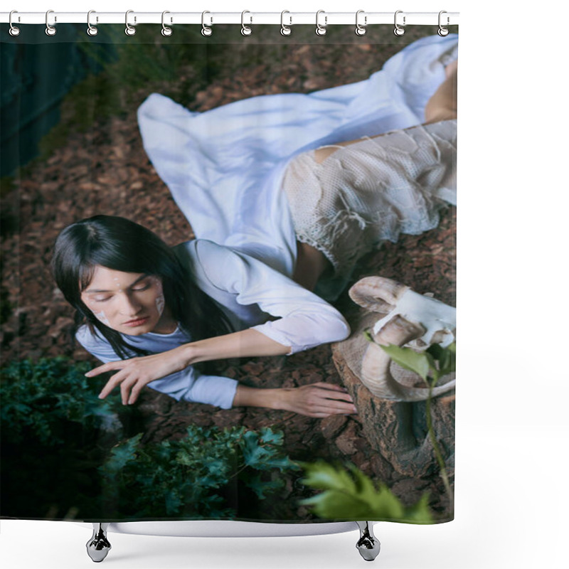 Personality  A Woman In Flowing White Garments Reaches Out Towards A Swamp. Shower Curtains