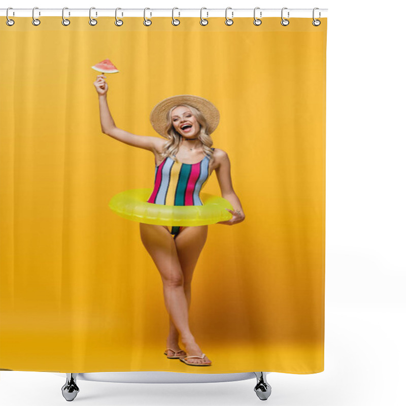 Personality  Full Length Of Amazed Woman Standing With Inflatable Ring And Holding Popsicle Stick With Watermelon On Yellow Shower Curtains