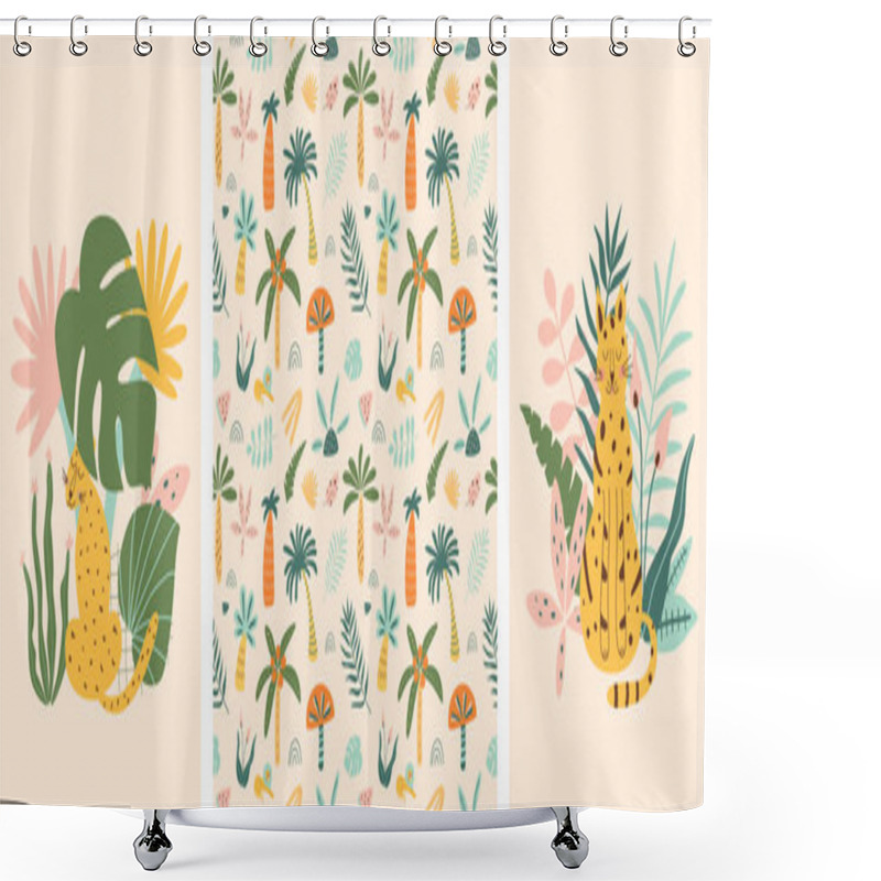 Personality  Jungle Animals And Tropic Palm Tree Set. Cute Leopard, Jaguar Safari Cartoon Animals, Exotic Leaves Graphic Elements. Shower Curtains