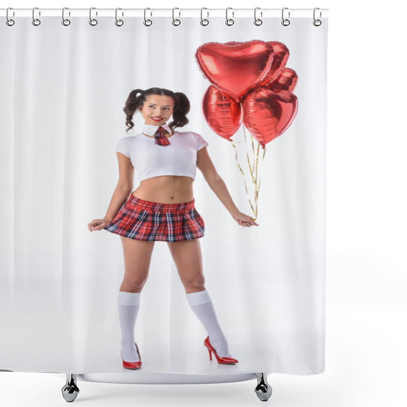 Personality  Young Sexy Schoolgirl With Helium Balloons In Shape Of Hearts Isolated On White Shower Curtains