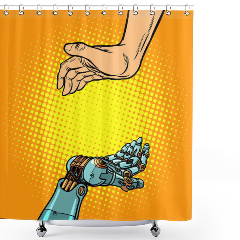 Personality  Human And Robot Hands. Presentation Gesture Shower Curtains