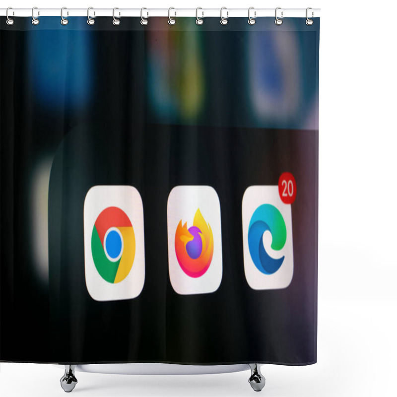 Personality  Dhaka, Bangladesh- 26 Nov 2024: A Close Up Of An IPhone Screen Displaying The Google Chrome, Mozilla Firefox, Microsoft Edge App Icon. Shower Curtains