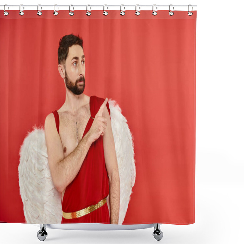 Personality  Serious Man In Cupid Costume Looking Away And Pointing With Finger On Red, St Valentines Day Shower Curtains