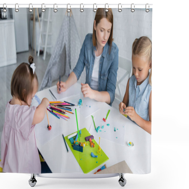 Personality  Disabled Kid Holding Pencil With Plasticine Near Teacher And Girl In Kindergarten  Shower Curtains