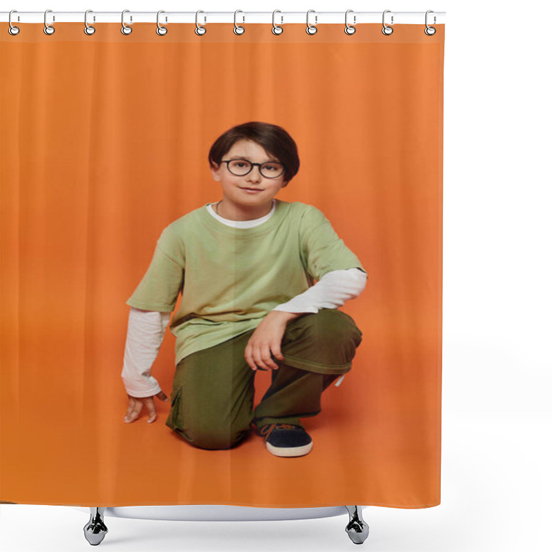 Personality  A Young Boy Kneels On An Orange Background. Shower Curtains