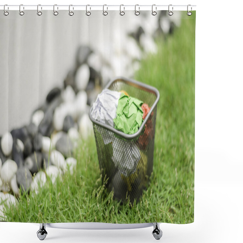 Personality  Colourful Waste Paper On Garbage Can. Surrounding By Green Grass Shower Curtains