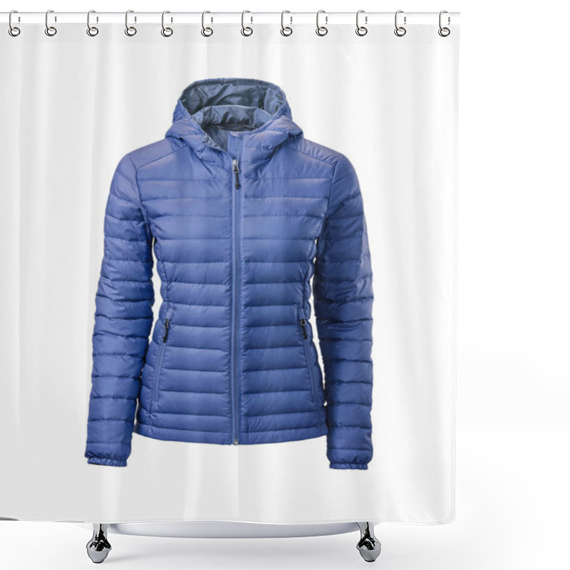 Personality  Women's Blue Hooded Warm Sport Puffer Jacket Isolated Over White Background. Ghost Mannequin Photography Shower Curtains