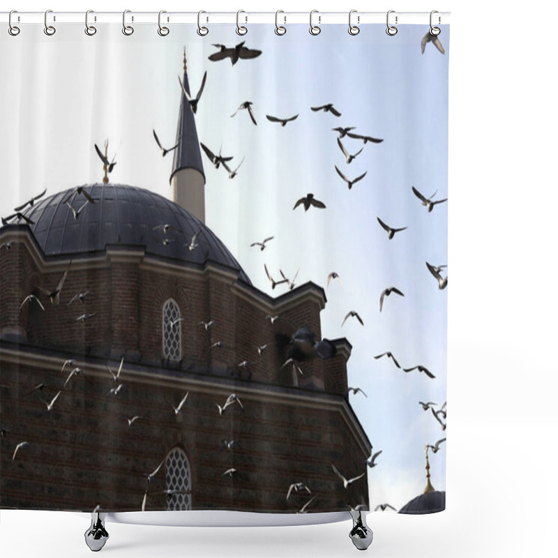 Personality  A Mosque Surrounded By Flying Pigeons. Shower Curtains