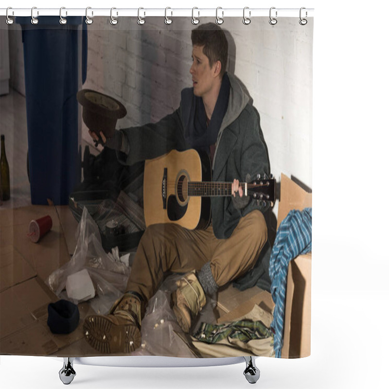 Personality  Homeless Man With Guitar Sitting On Rubbish Dump And Holding Hat In Stretched Hand Shower Curtains