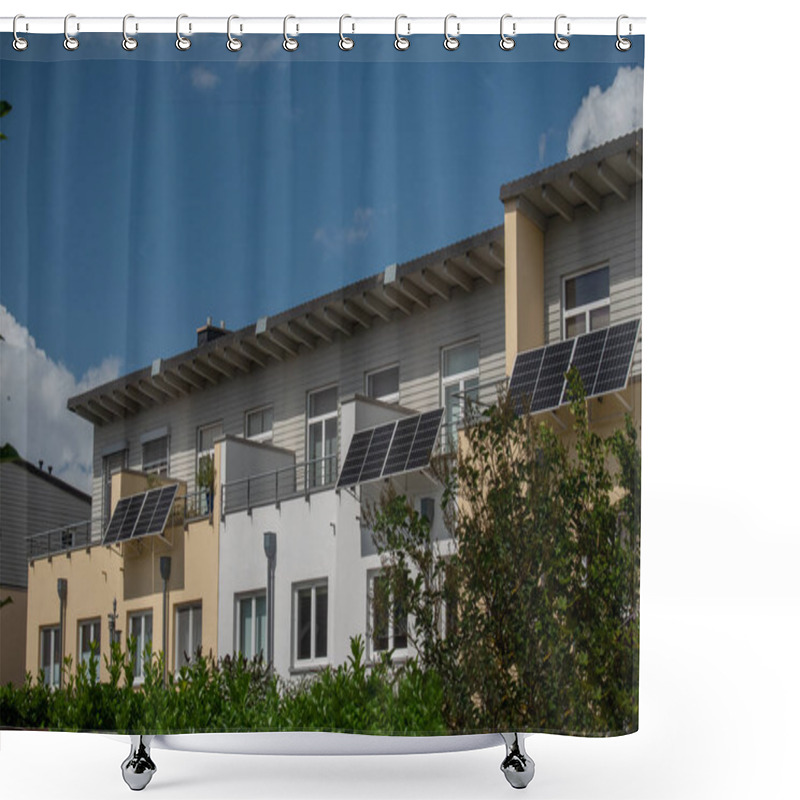 Personality  A Terraced House With Solar Power Plant On A Balconies To Generate Green Electrical Energy For Home. Balcony Solar Power Station Eco-friendly To Use Renewable Energy.  Shower Curtains