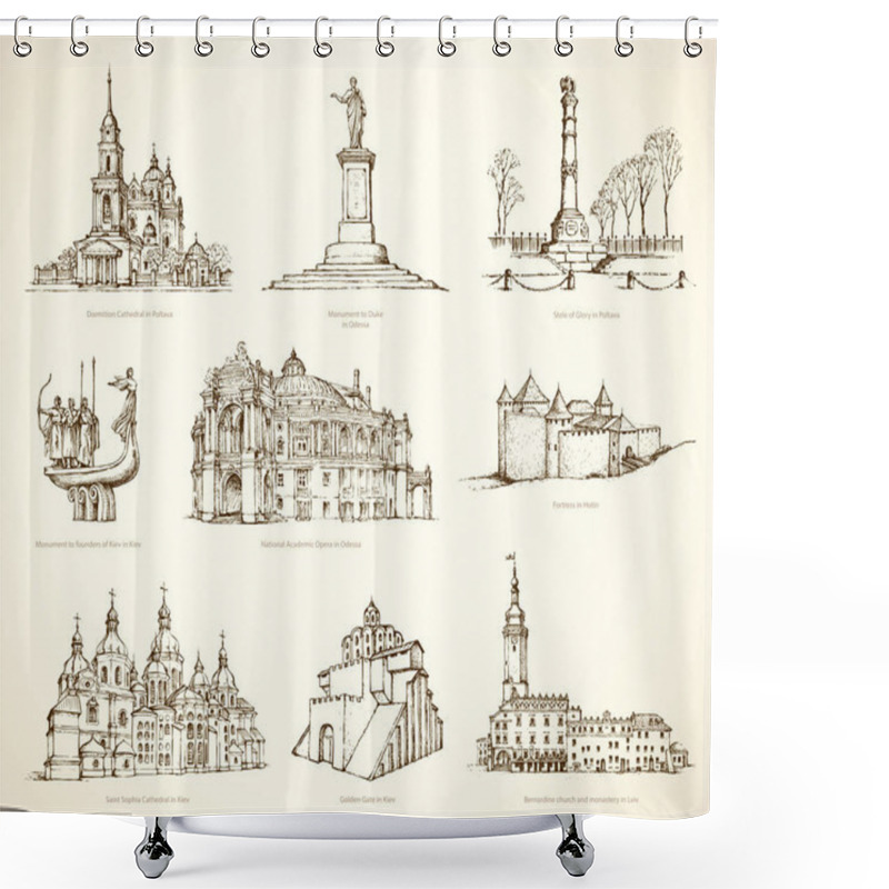 Personality  Ukrainian Famous Historical Monuments. Vector Sketch Shower Curtains