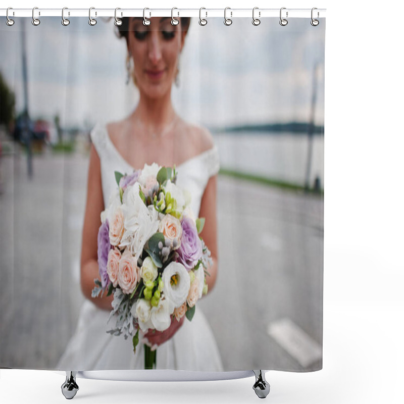 Personality  Portrait Of A Stunning Bride Posing On The Lakeside With A Weddi Shower Curtains