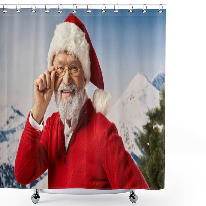 Personality  Joyful Man Dressed As Santa In Red Hat Touching His Glasses And Looking At Camera, Merry Christmas Shower Curtains