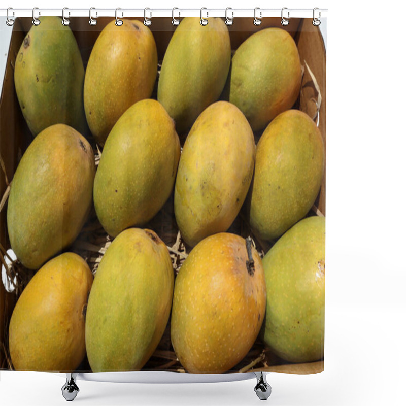 Personality  Alphanso Ratnagiri Mangoes Arranged In A Box To Sell And Buy , Mangoes Background Shower Curtains