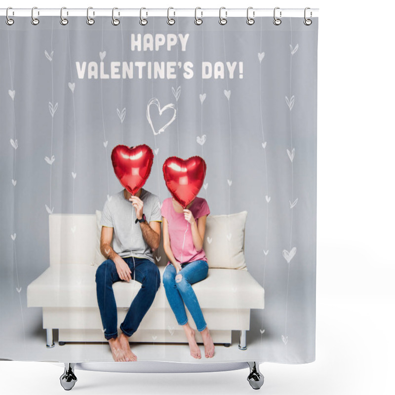 Personality  Couple Sitting On Couch With Red Balloons Shower Curtains