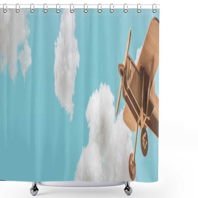 Personality  Wooden Toy Plane Flying Among White Fluffy Clouds Made Of Cotton Wool Isolated On Blue, Panoramic Shot Shower Curtains