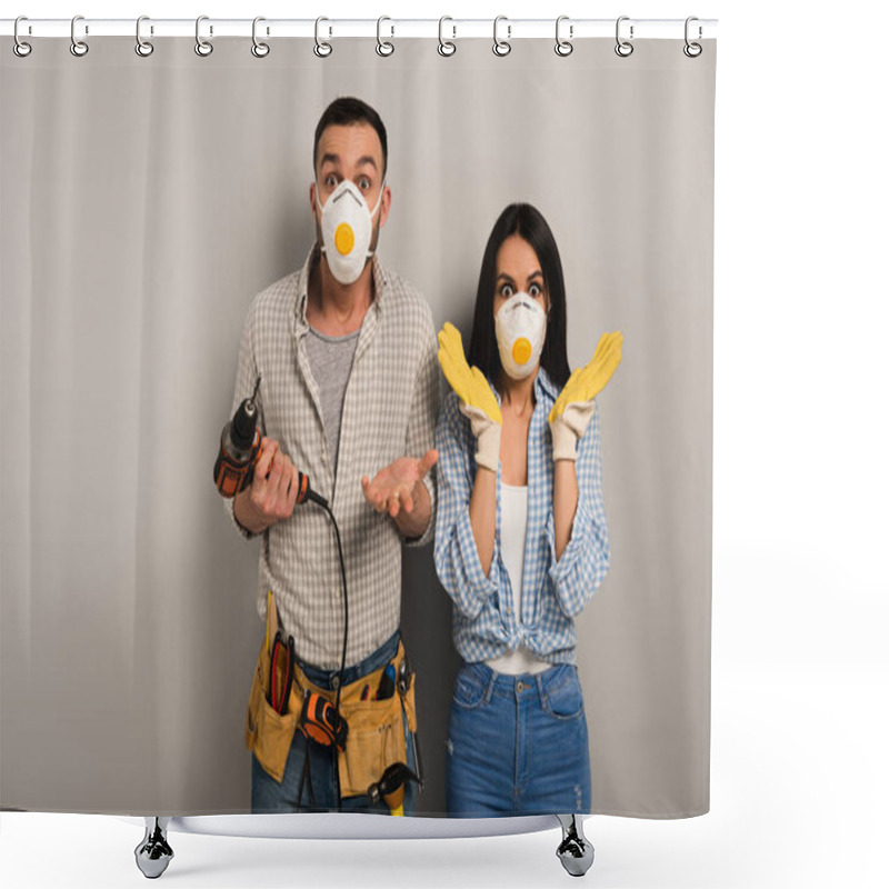 Personality  Frightened Manual Workers In Safety Masks Holding Electric Drill On Grey  Shower Curtains