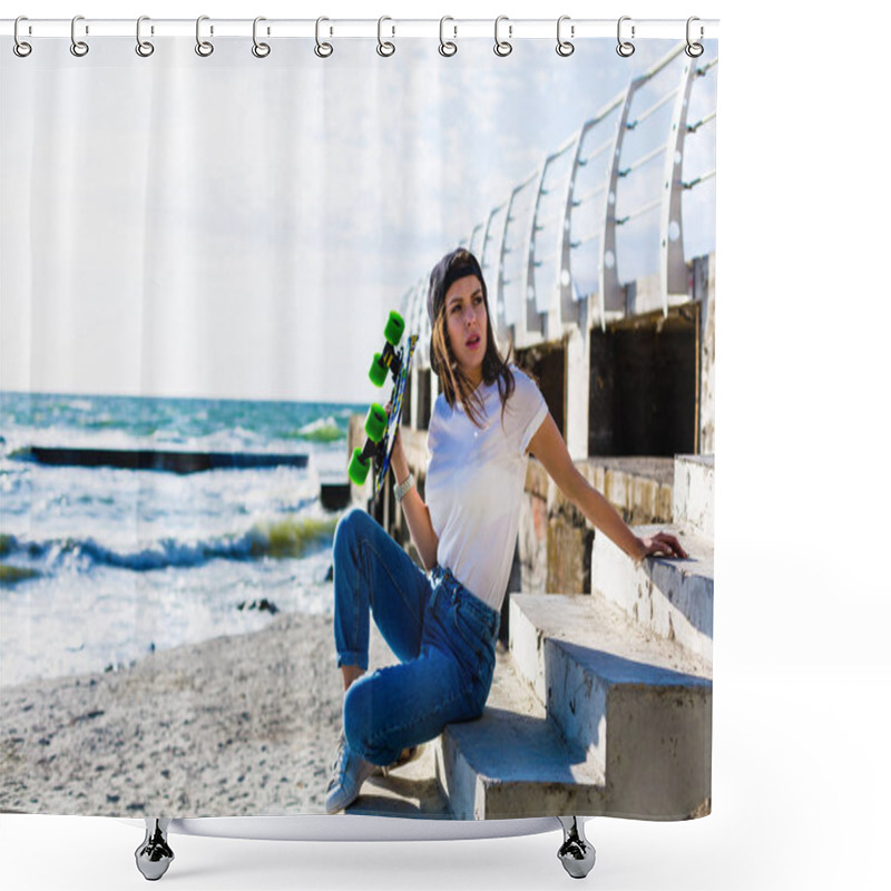 Personality  Beautiful Yound Woman With A Skateboard On A Beach Shower Curtains