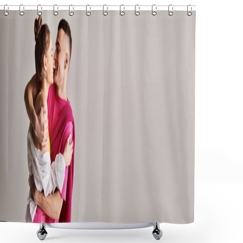 Personality  A Stylish Young Man Tenderly Holds His Partner In His Arms Against A Grey Studio Backdrop. Shower Curtains