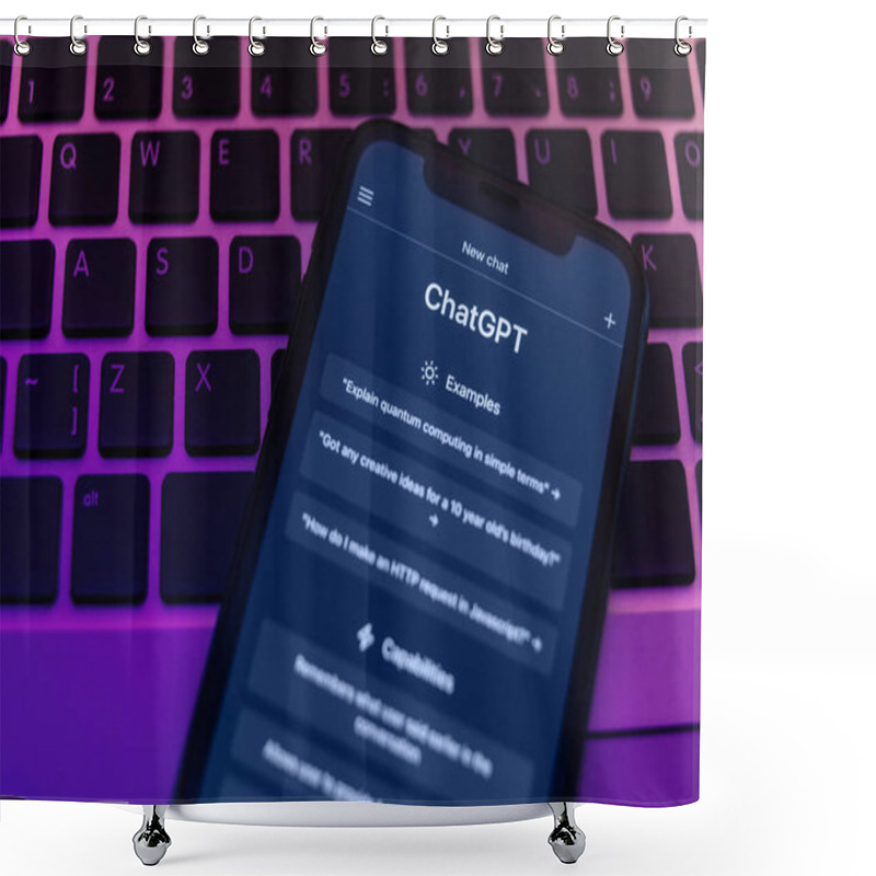 Personality  Antalya, Turkey - May 8, 2023: ChatGPT Chatbot Home Page On A Smartphone Screen In Neon Light. ChatGPT Chatbot Is Artificial Intelligence Language Model Created By Open AI Company. Shower Curtains