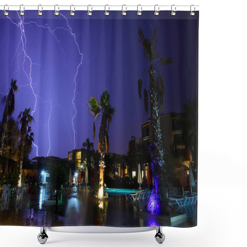 Personality  View Of Lightning Strike Over A Rural Farm Field, Lightning Strikes The Ground, Strong Thunder, Lightning, Dark Clouds In The Sky In The Midwest. Shower Curtains