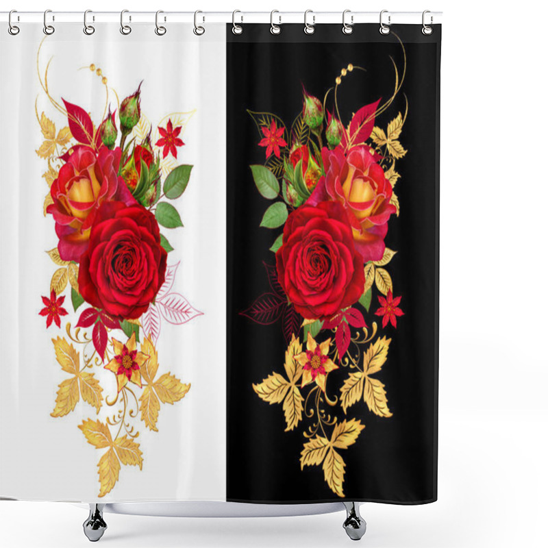 Personality  Decorative Corner Vignette. Golden Curl, Glittering Leaves, Flower Rinds, Red Roses. Isolated On White Background. Shower Curtains