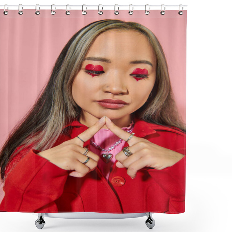 Personality  Pensive Young Asian Woman With Heart Shaped Eye Makeup And Dyed Hair Looking Down On Pink Background Shower Curtains