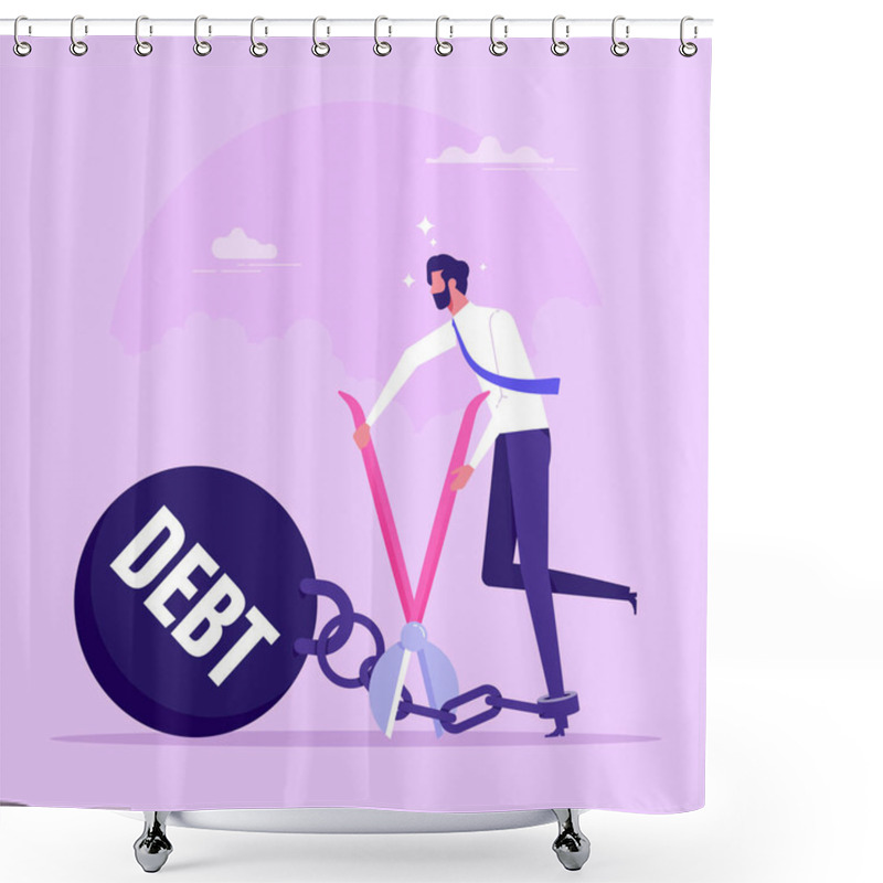 Personality  Businessman Breaking Chain Of Debt Burden Ball. Person Breaking Shackles Of Credits And Loans Flat Vector Illustration. Financial Freedom, Mortgage Concept Shower Curtains