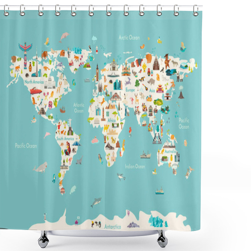 Personality  World Map Vector Illustration. Landmarks, Sight And Animals Hand Draw Icon. World Vector Poster For Children, Cute Illustrated. Travel Concept Card Shower Curtains