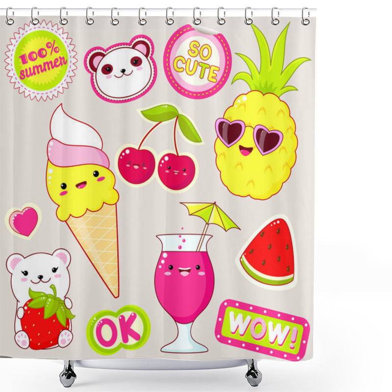 Personality  Set Of Cute Icons In Kawaii Style. Polar Bears With Strawberry, Ice Cream, Pineapple In Sunglasses, Cherry, Glass Of Juice, Sticker With Inscription Ok, 100% Summer, So Cute, Wow. EPS8 Shower Curtains