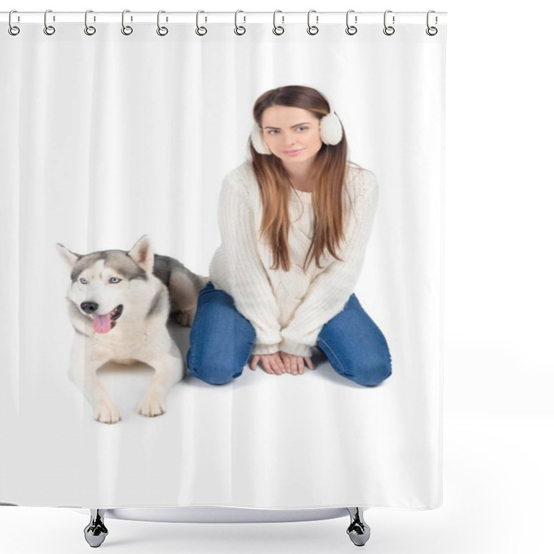 Personality  Siberian Husky Dog And Attractive Woman In Winter Earmuffs, Isolated On White Shower Curtains