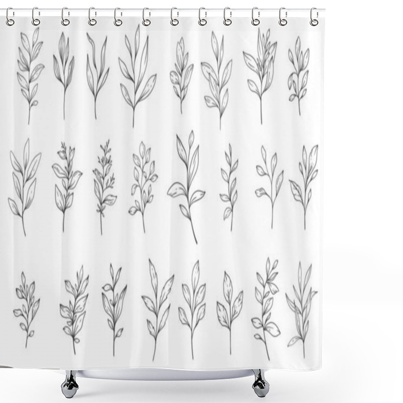 Personality  Floral Frames Line Art, Fine Line Greenery Frames Hand Drawn Illustration. Outline Leaves And Flowers.  Shower Curtains