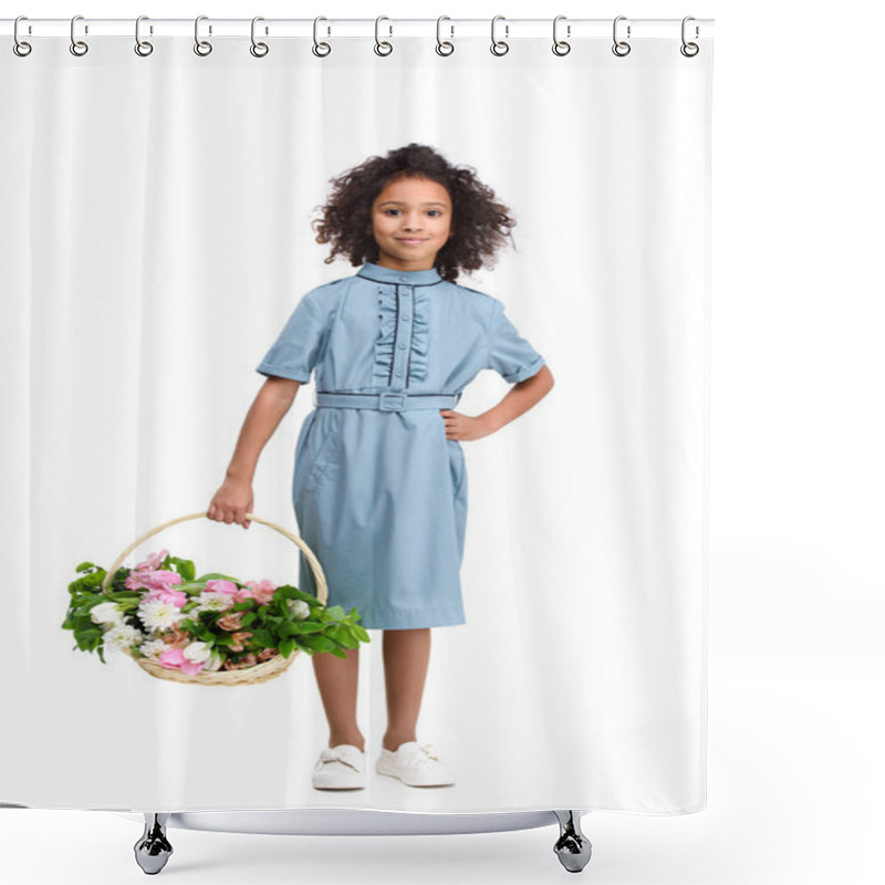 Personality  Adorable Little Child Holding Basket Of Flowers Isolated On White Shower Curtains