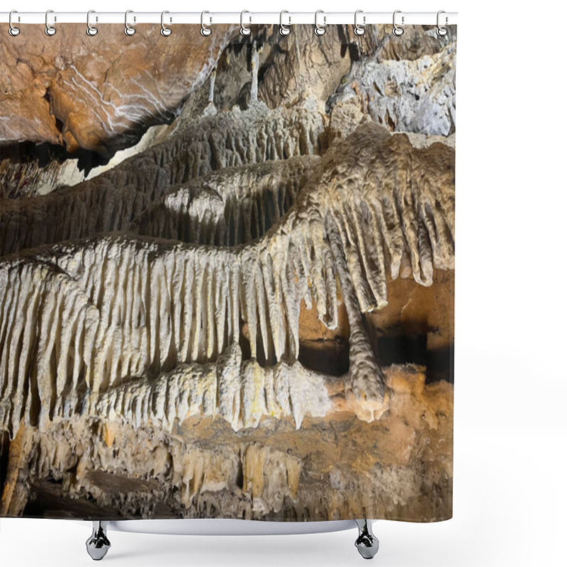 Personality  An Intricate View Of Natural Limestone Formations, Showcasing Stalactites And Stalagmites In A Well-lit Subterranean Cave, Highlighting The Beauty Of Geological Processes And The Underground World. Shower Curtains