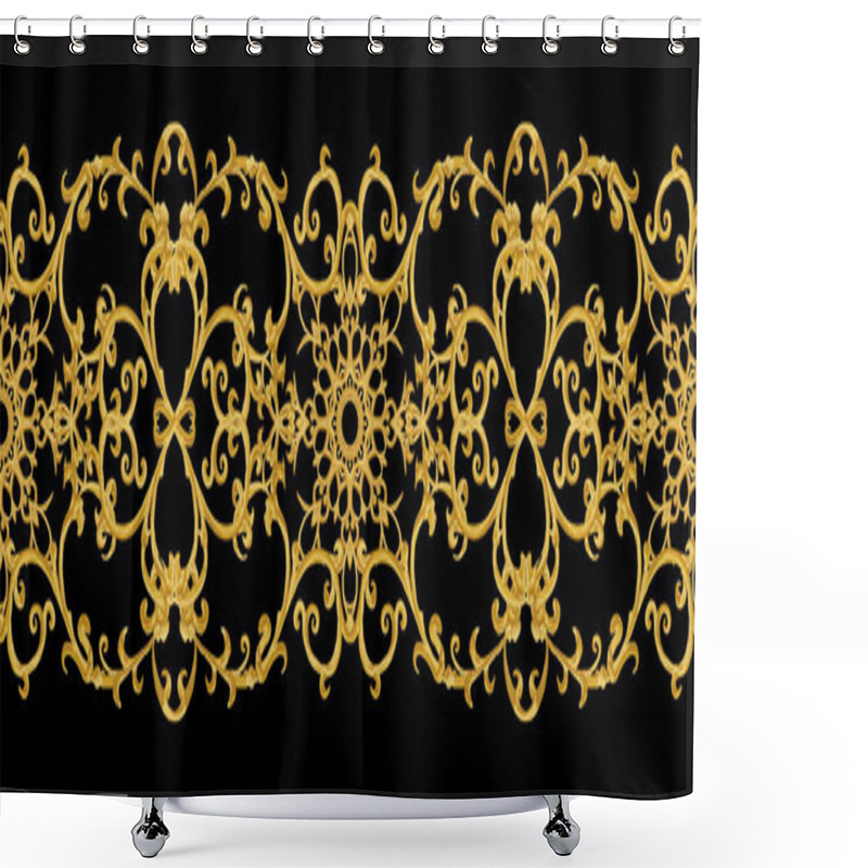 Personality  Seamless Pattern. Golden Textured Curls. Oriental Style Arabesques. Brilliant Lace, Stylized Flowers. Openwork Weaving Delicate, Golden Background. Shower Curtains