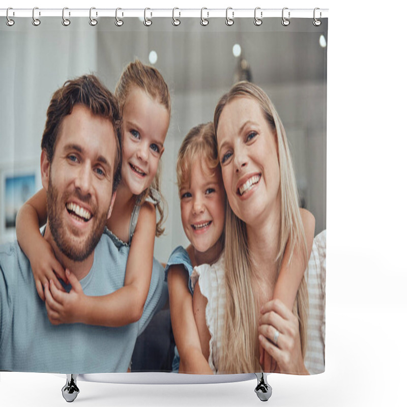 Personality  Family, Happy Portrait And Relax Together In Home For Quality Time, Relationship Bonding And Support In Family Home. Love, Care And Children Hugging Parents For Happiness Or Smile In Living Room. Shower Curtains