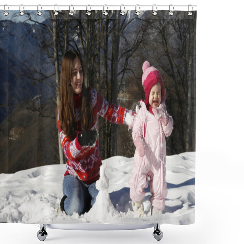 Personality  Mother And Daughter Playing In The Snow Shower Curtains