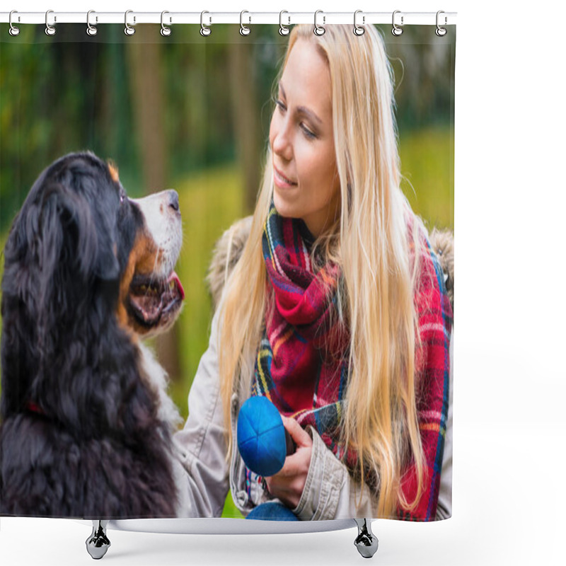 Personality  Woman Playing With Her Dog And Toy In Autumn Park Shower Curtains