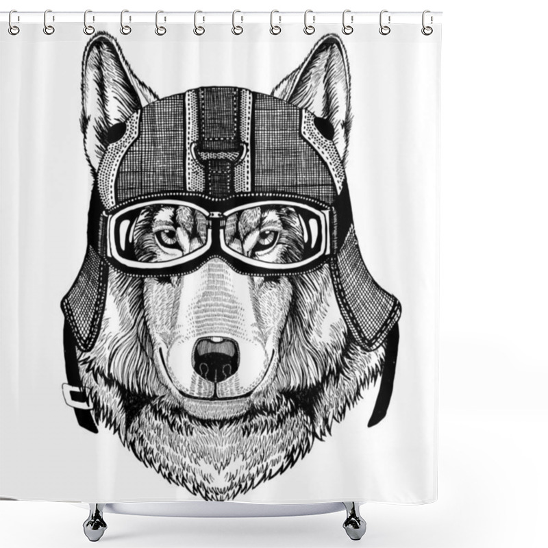 Personality  Wolf Dog Wearing Motorcycle Helmet, Aviator Helmet Illustration For T-shirt, Patch, Logo, Badge, Emblem, Logotype Biker T-shirt With Wild Animal Shower Curtains